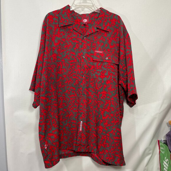 GB God Body Shirt Mens 2XL Red Grey Button Up Camp Collar Camo Y2k Streetwear - Picture 1 of 10